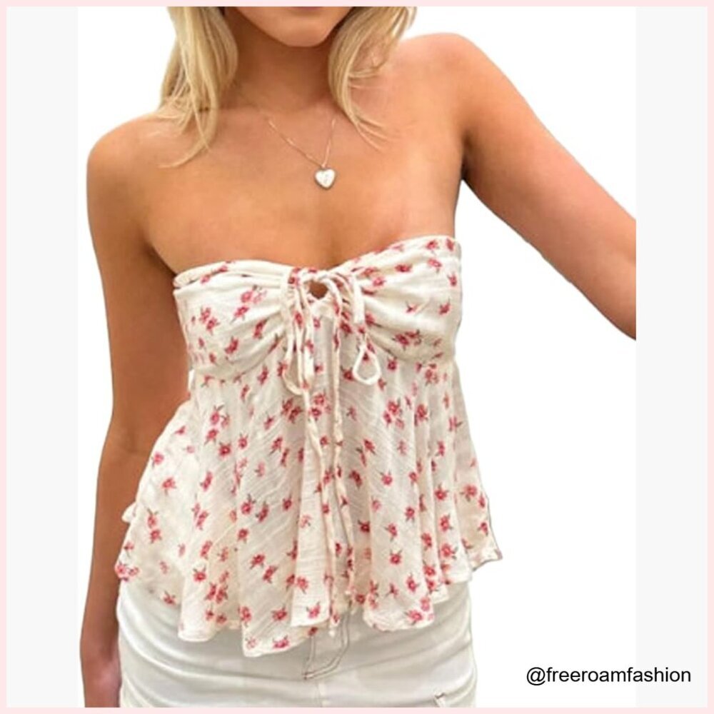 Y2K Strapless Bandeau Crop Top Floral Print Polyester Slim Fit Summer